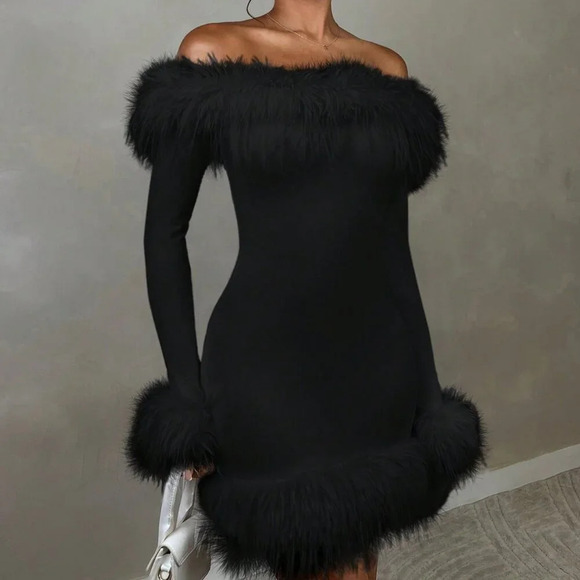 Black Party Women's Off Shoulder Long Sleeve Fitted Dress With Furry Decor - Picture 3 of 5